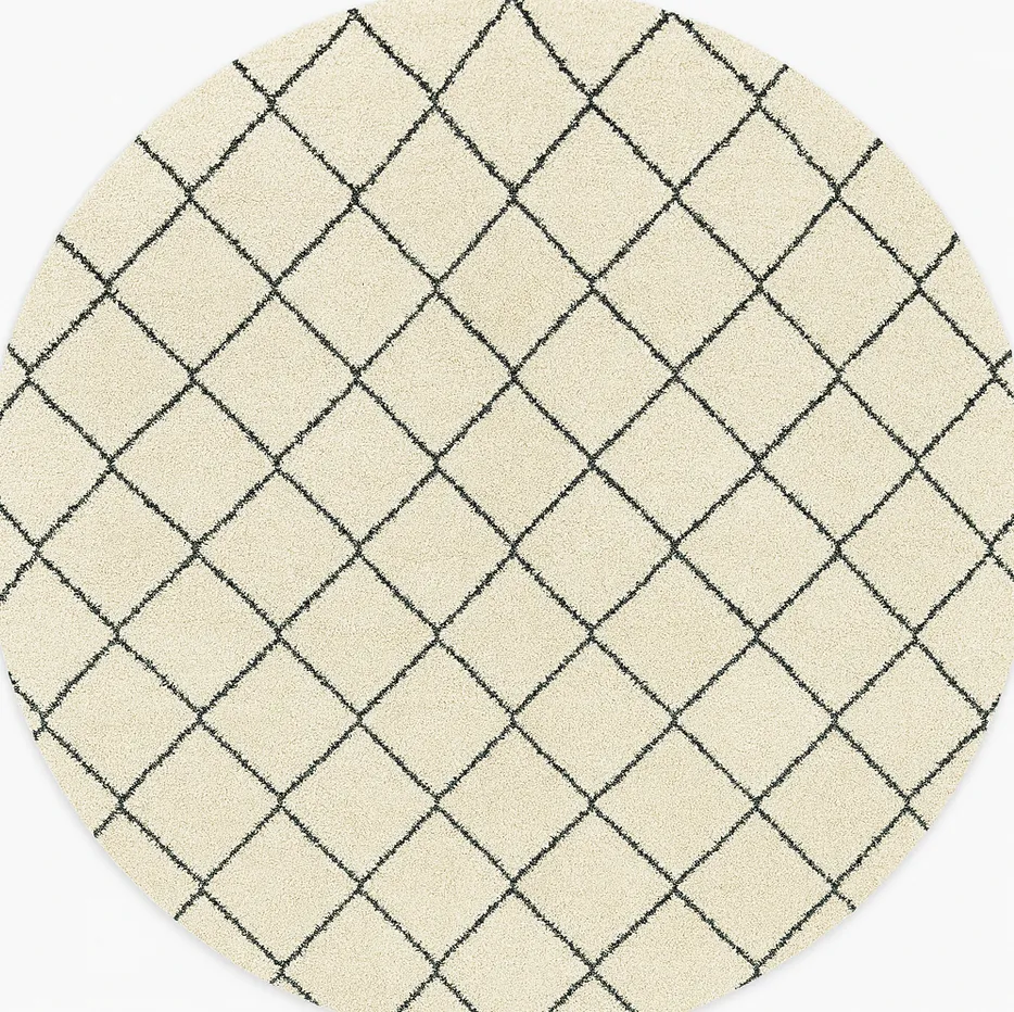 Tapis rond berbère Boulemane blanc et noir à losanges — tapis berbères contemporains tissé à la main