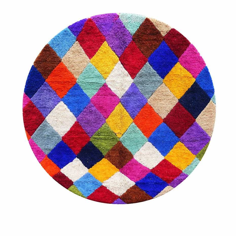 Tapis rond berbère Boumalne multicolore à damier — tapis berbères contemporains tissé à la main