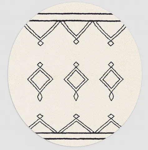 Tapis rond berbère Bzou blanc et noir à losanges — tapis berbères contemporains