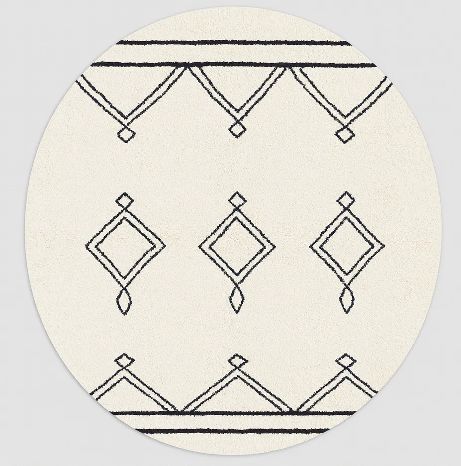 Tapis rond berbère Bzou blanc et noir à losanges — tapis berbères contemporains tissé à la main
