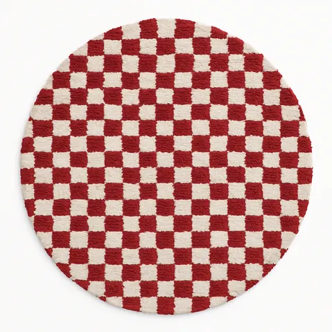 Tapis rond berbère Dadès rouge et blanc à damier — tapis berbères contemporains