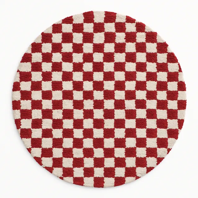 Tapis rond berbère Dadès rouge et blanc à damier — tapis berbères contemporains