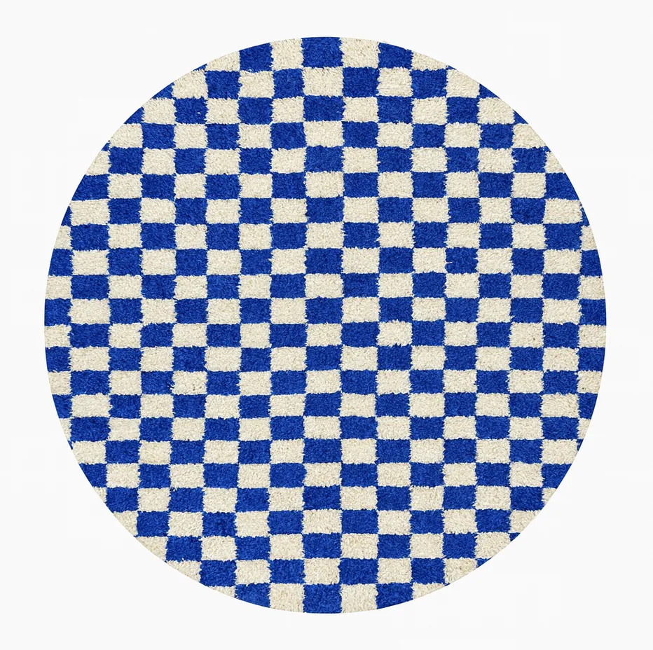 Tapis rond berbère Goulmima bleu à damier — tapis berbères contemporains tissé à la main