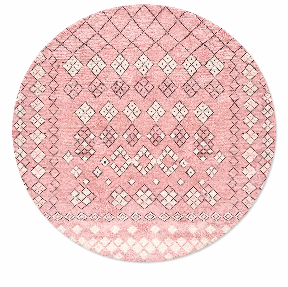 Tapis rond berbère Guelmim rose à losanges — tapis berbères contemporains tissé à la main