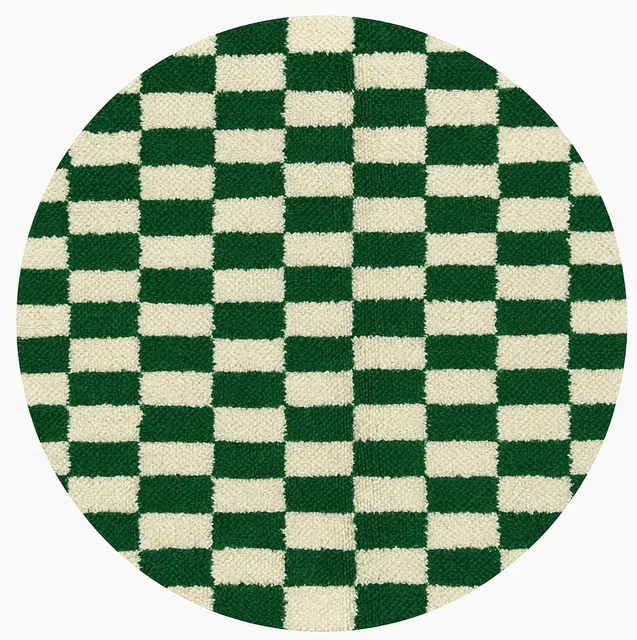 Tapis rond berbère Ineghmar vert et blanc à damier — tapis berbères contemporains