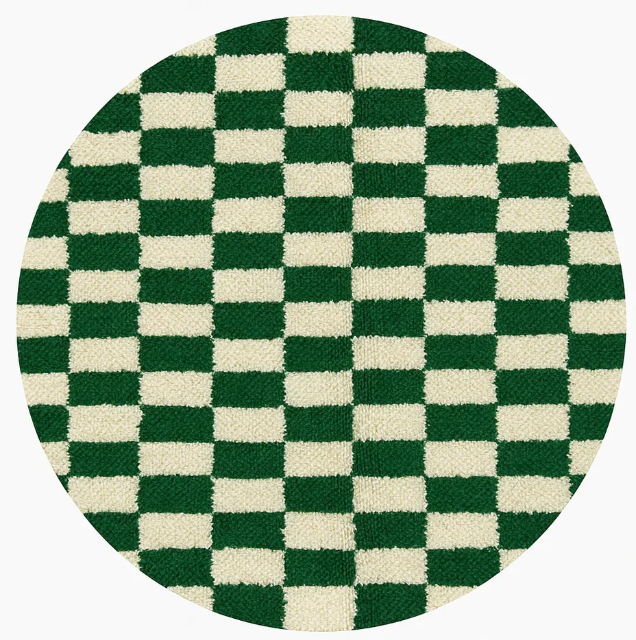 Tapis rond berbère Ineghmar vert et blanc à damier — tapis berbères contemporains tissé à la main