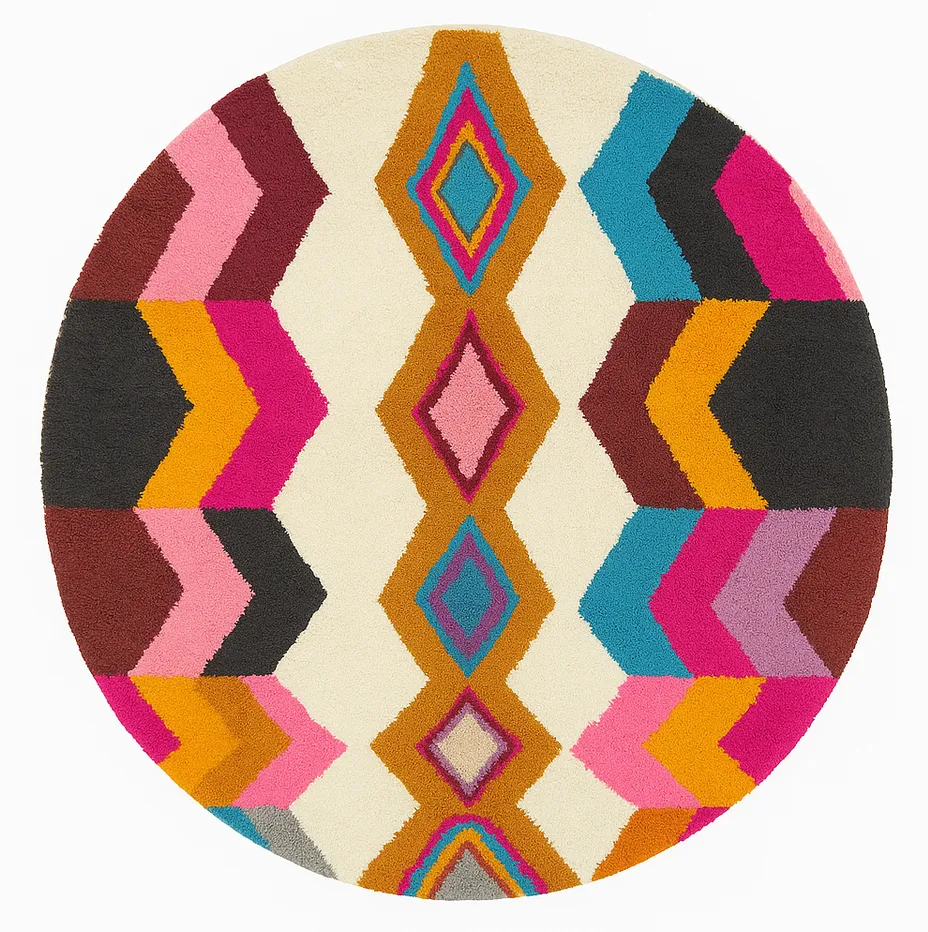 Tapis rond berbère Isli multicolore à losanges — tapis berbères contemporains tissé à la main