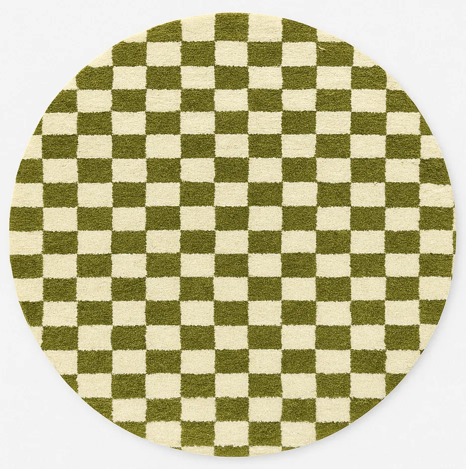 Tapis rond berbère Isli vert et blanc à damier — tapis berbères contemporains tissé à la main