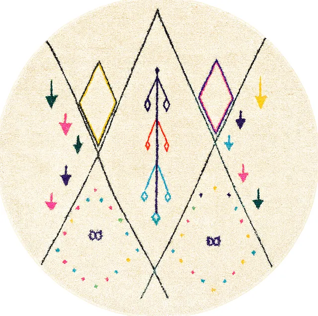 Tapis rond berbère Itzer blanc et multicolore aux motifs berbères — tapis berbères contemporains