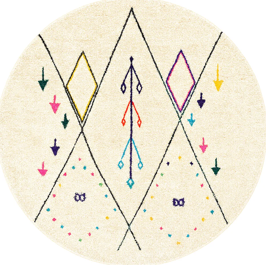 Tapis rond berbère Itzer blanc et multicolore aux motifs berbères — tapis berbères contemporains tissé à la main