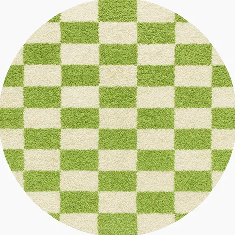 Tapis rond berbère Merzouga vert et blanc à damier — tapis berbères contemporains