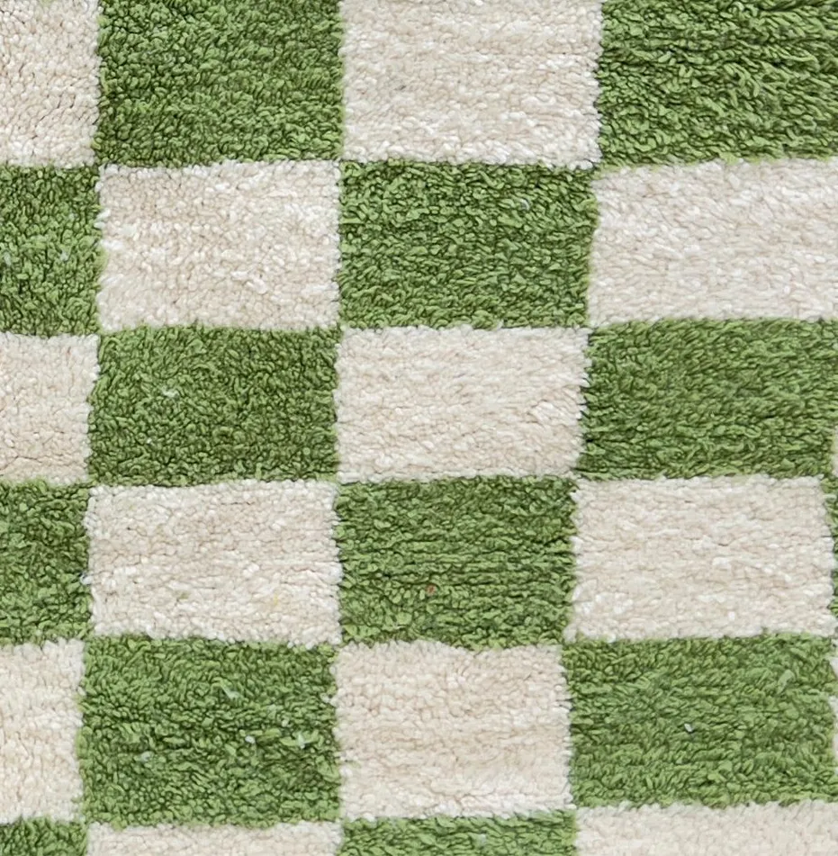 Tapis rond berbère Merzouga vert et blanc à damier, vue 3 sur 4