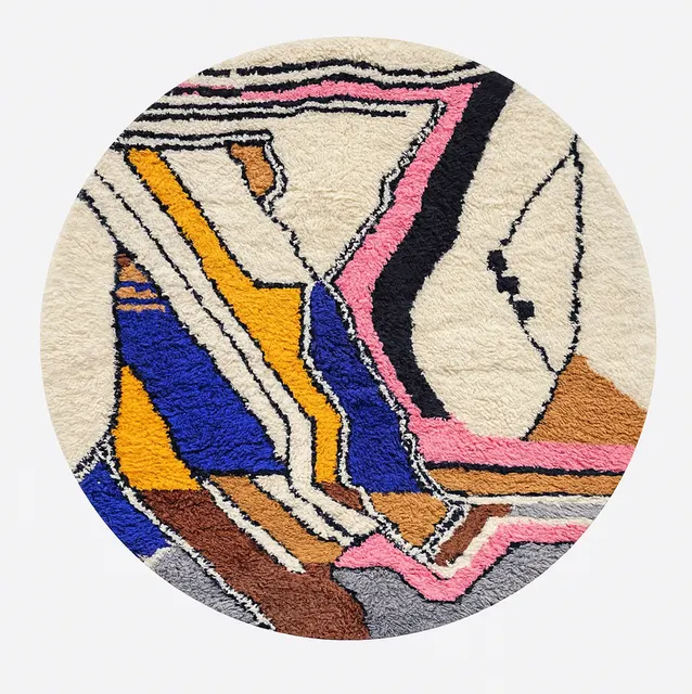 Tapis rond berbère Mhamid multicolore au dessin abstrait — tapis berbères contemporains