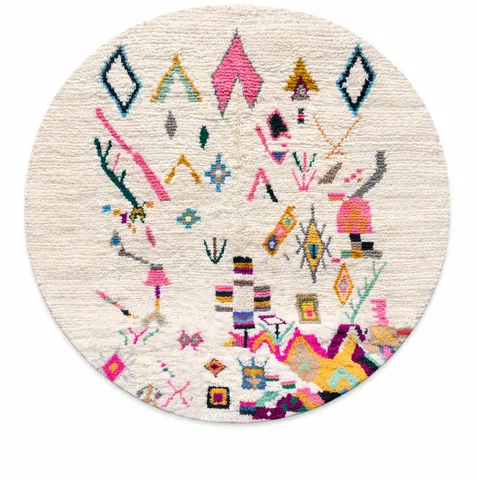 Tapis rond berbère Midelt blanc et multicolore aux motifs berbères — tapis berbères contemporains