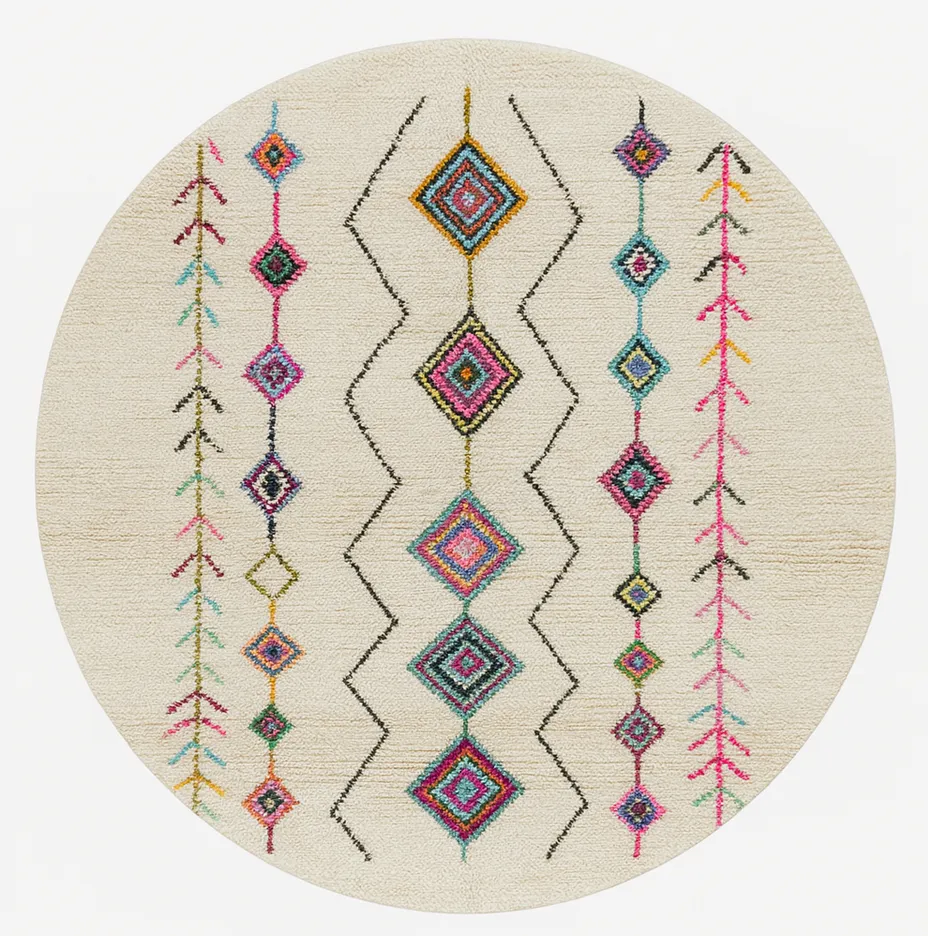 Tapis rond berbère Oualidia multicolore à losanges — tapis berbères contemporains tissé à la main