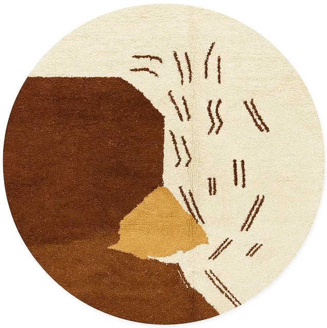 Tapis rond berbère Oulmès marron et blanc au dessin abstrait — tapis berbères contemporains