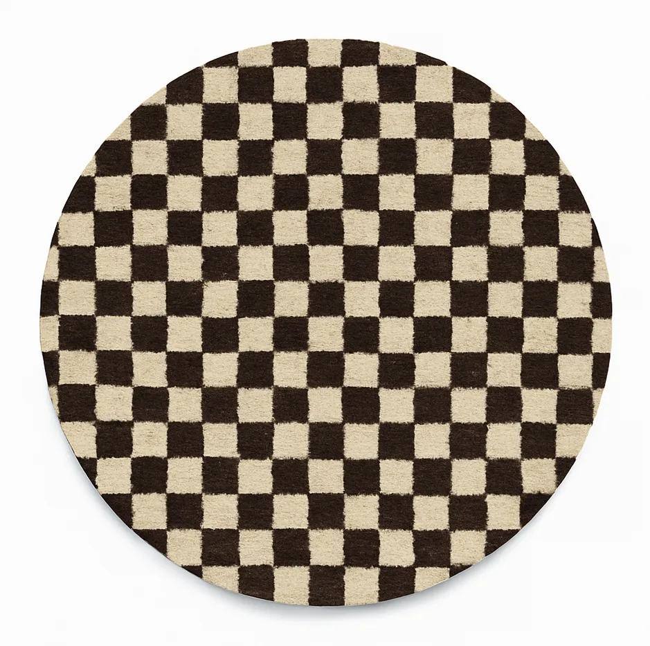 Tapis rond berbère Rheris marron et blanc à damier — tapis berbères contemporains tissé à la main
