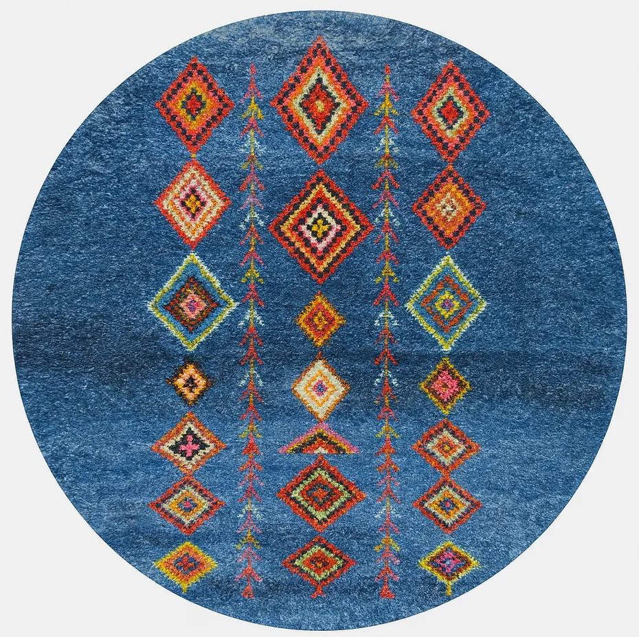 Tapis rond berbère Saghro bleu et multicolore à losanges — tapis berbères contemporains tissé à la main
