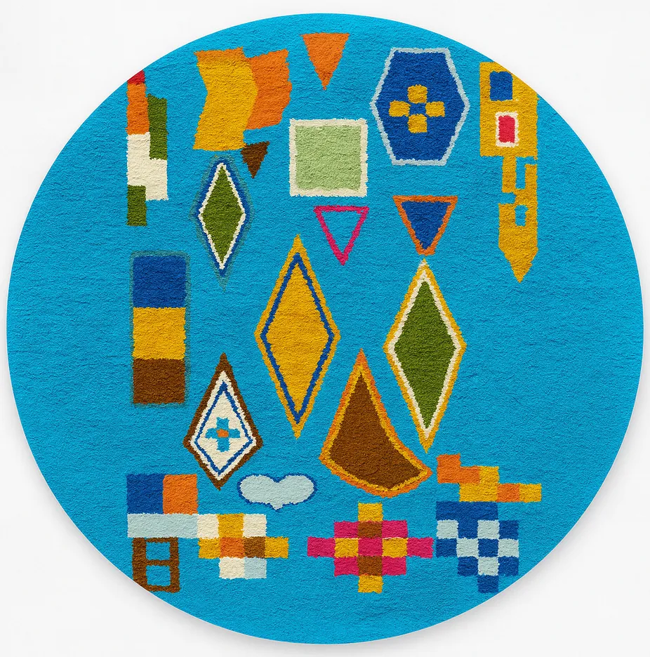 Tapis rond berbère Sefrou bleu et multicolore aux motifs géométriques — tapis berbères contemporains tissé à la main
