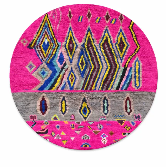 Tapis rond berbère Sefrou rose et multicolore — tapis berbères contemporains