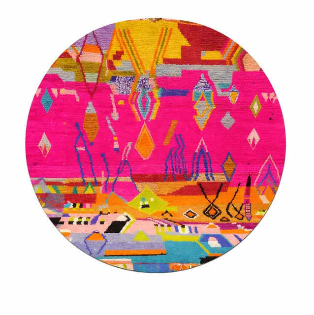 Tapis rond berbère Skoura multicolore au dessin abstrait — tapis berbères contemporains