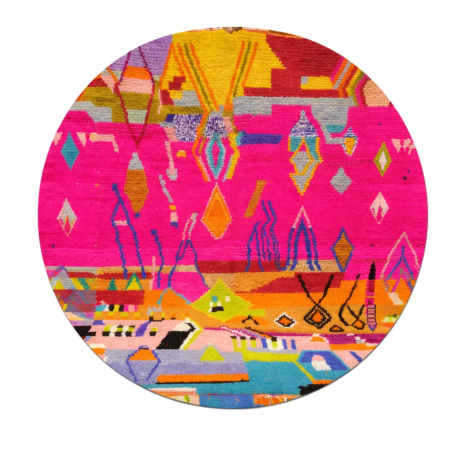 Tapis rond berbère Skoura multicolore au dessin abstrait — tapis berbères contemporains tissé à la main