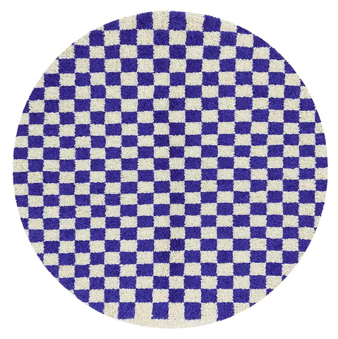 Tapis rond berbère Taddart bleu et blanc à damier — tapis berbères contemporains