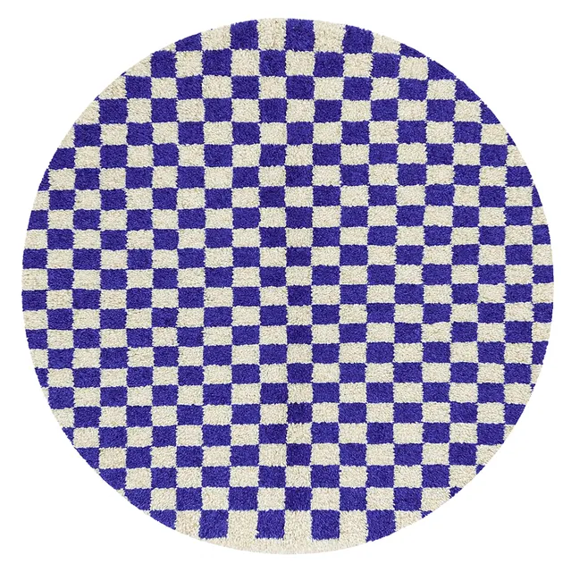 Tapis rond berbère Taddart bleu et blanc à damier — tapis berbères contemporains