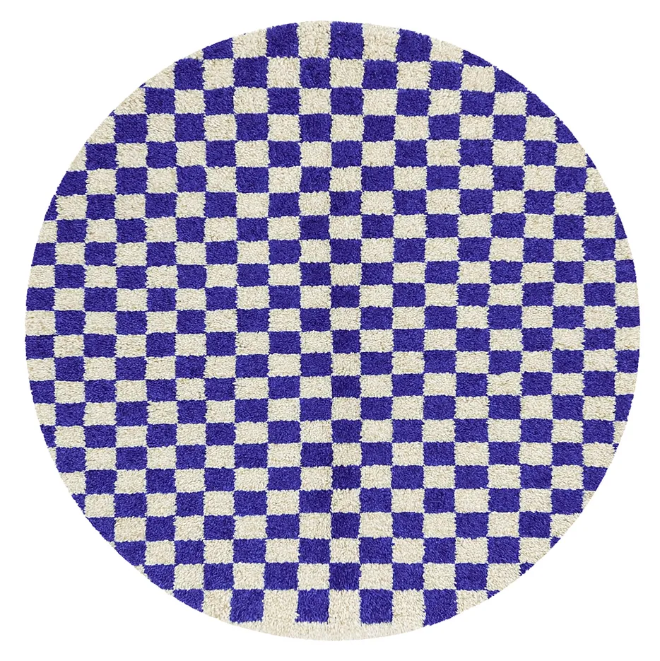 Tapis rond berbère Taddart bleu et blanc à damier — tapis berbères contemporains tissé à la main