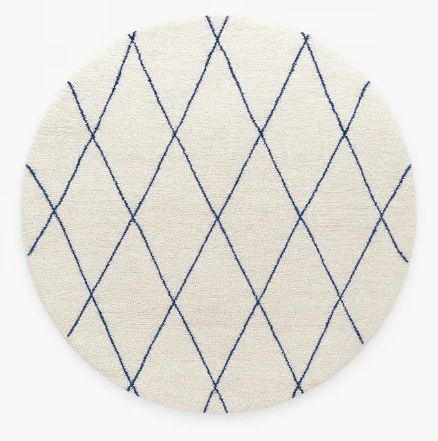 Tapis rond berbère Tadla blanc et bleu à losanges — tapis berbères contemporains