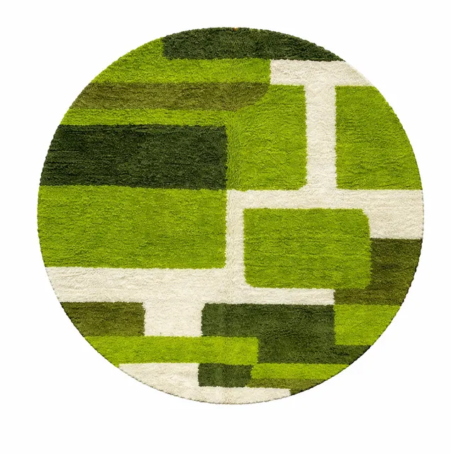 Tapis rond berbère Tafsut vert aux motifs géométriques — tapis berbères contemporains