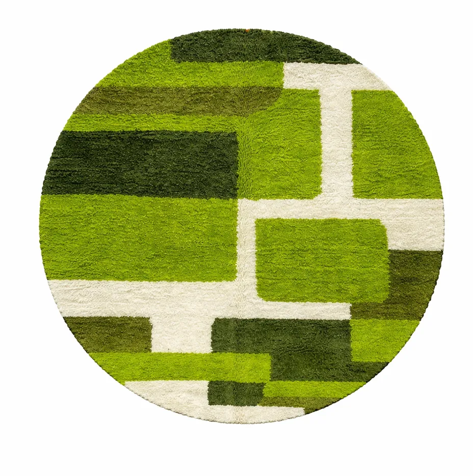 Tapis rond berbère Tafsut vert aux motifs géométriques — tapis berbères contemporains tissé à la main