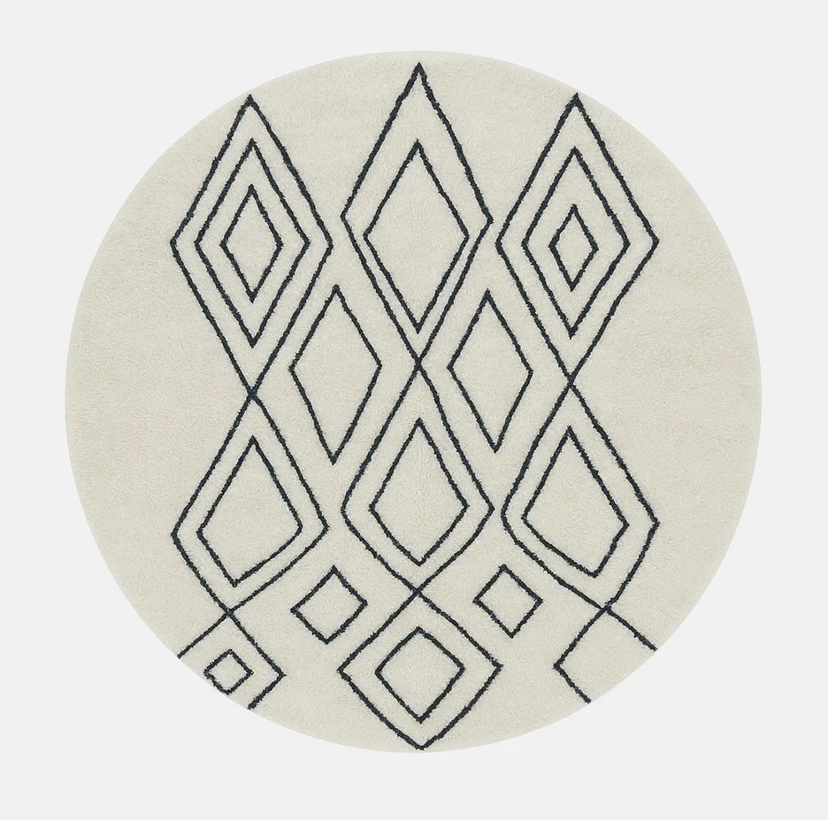 Tapis rond berbère Tagounite blanc et noir à losanges — tapis berbères contemporains tissé à la main