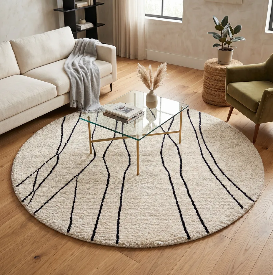 Tapis rond berbère Tamayt blanc à lignes, vue 4 sur 4