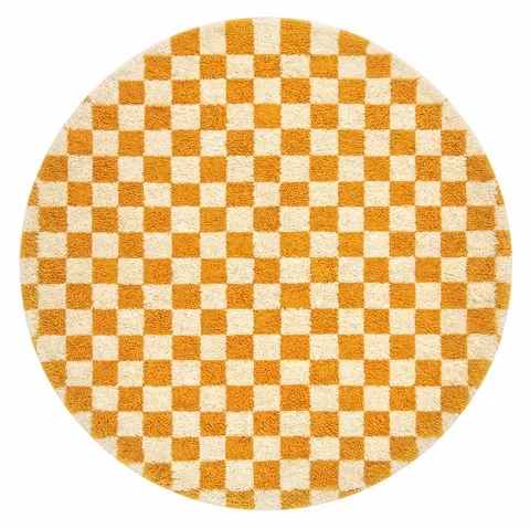 Tapis rond berbère Tamegroute orange et blanc à damier — tapis berbères contemporains