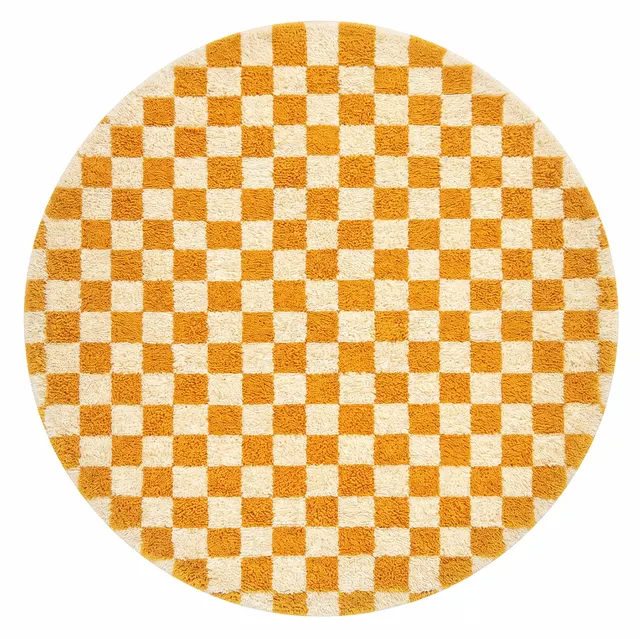 Tapis rond berbère Tamegroute orange et blanc à damier — tapis berbères contemporains