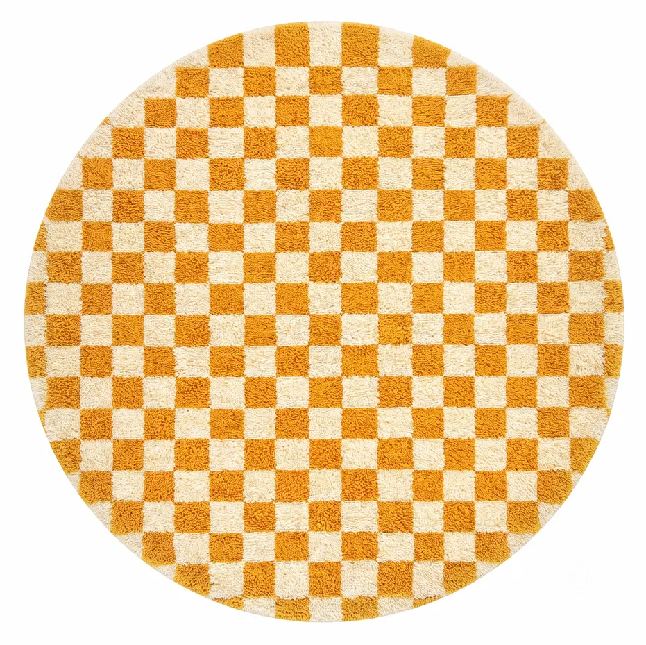 Tapis rond berbère Tamegroute orange et blanc à damier — tapis berbères contemporains tissé à la main