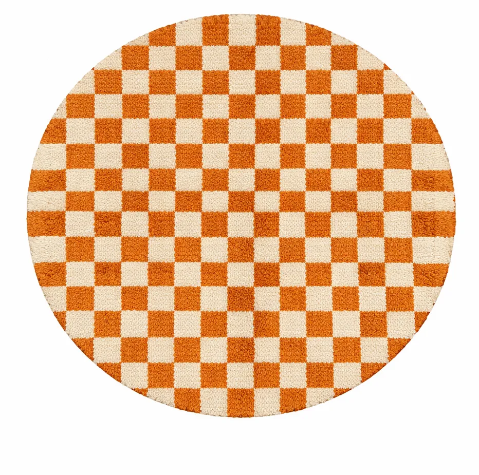 Tapis rond berbère Tamilla orange à damier — tapis berbères contemporains tissé à la main