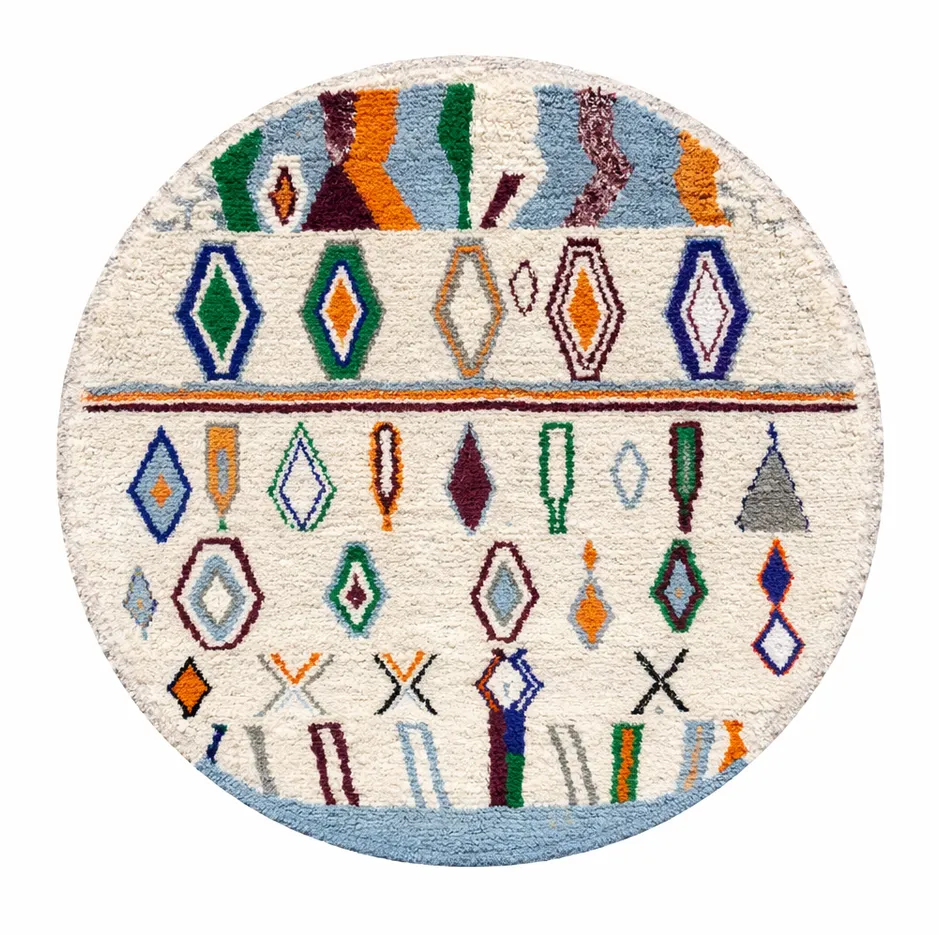 Tapis rond berbère Tamri multicolore aux motifs berbères — tapis berbères contemporains tissé à la main