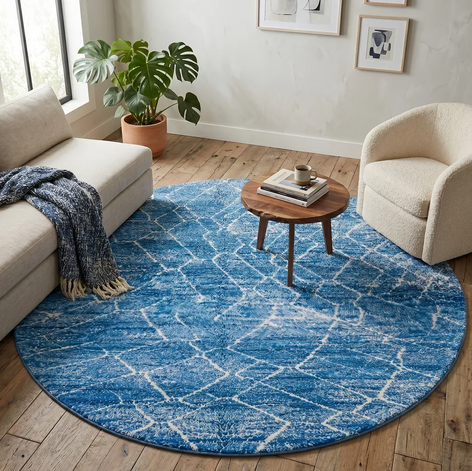Tapis rond berbère Tanirt bleu au dessin abstrait, vue 4 sur 4