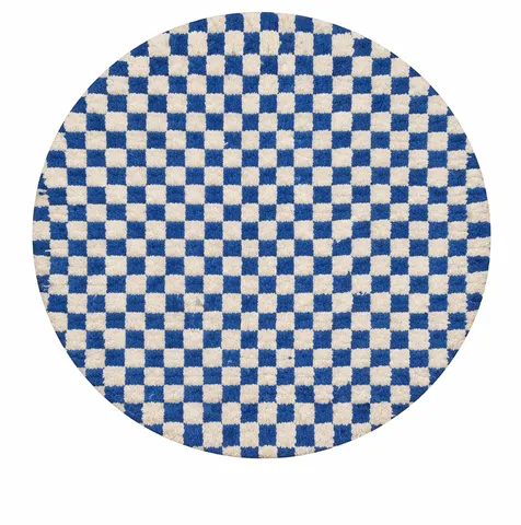 Tapis rond berbère Taziri bleu et blanc à damier — tapis berbères contemporains