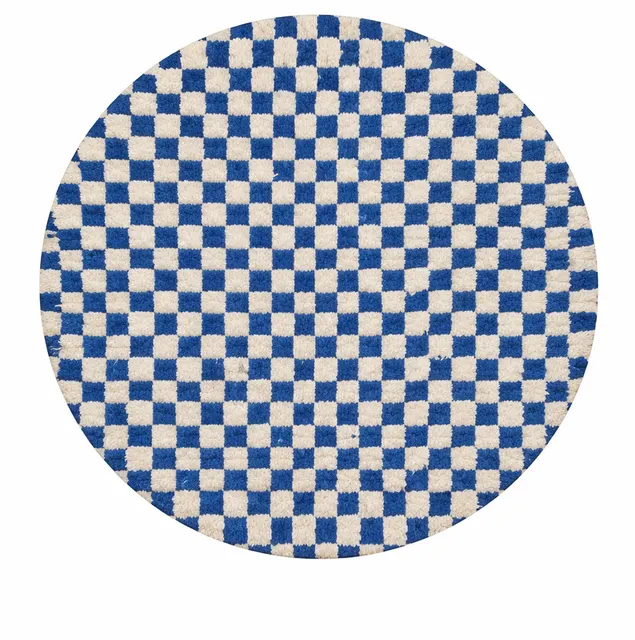 Tapis rond berbère Taziri bleu et blanc à damier — tapis berbères contemporains