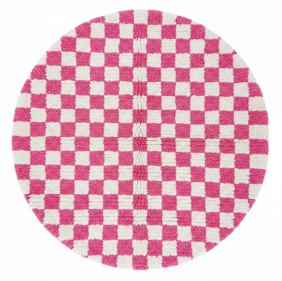Tapis rond berbère Taziri rose à damier — tapis berbères contemporains tissé à la main
