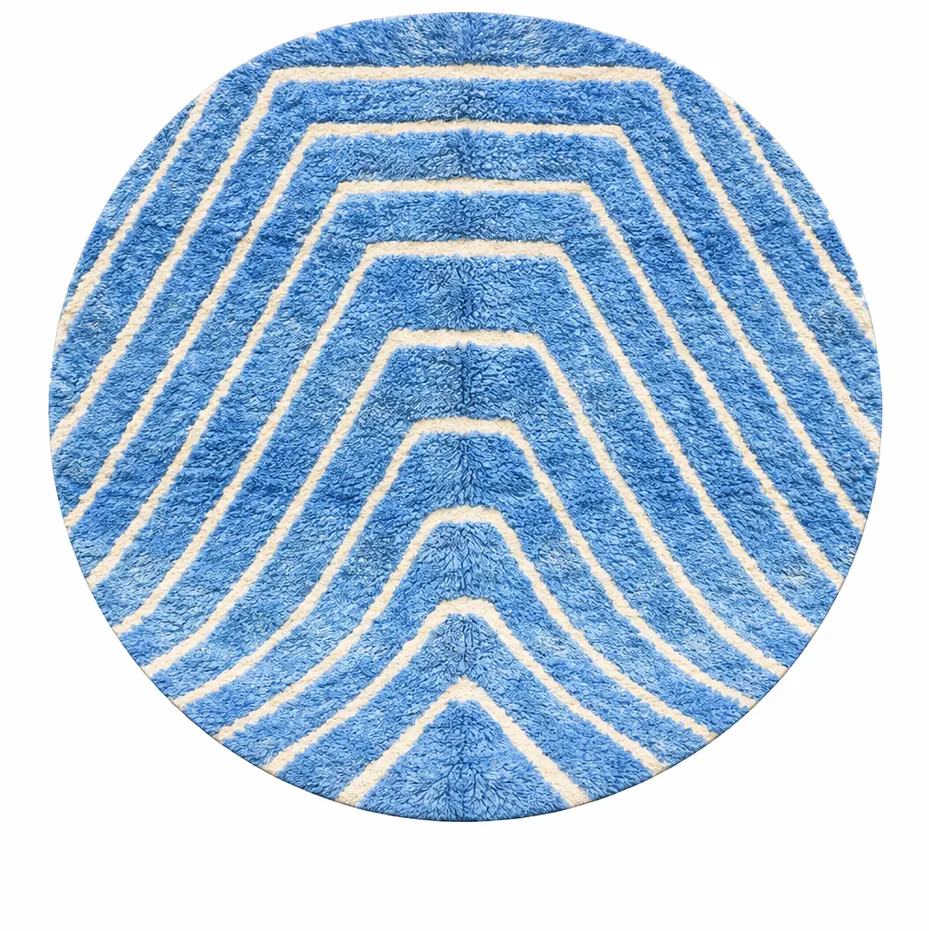 Tapis rond berbère Telouet bleu à lignes — tapis berbères contemporains tissé à la main