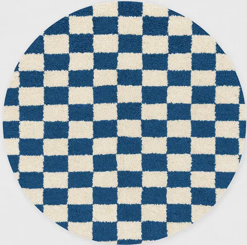 Tapis rond berbère Telouet bleu et blanc à damier — tapis berbères contemporains