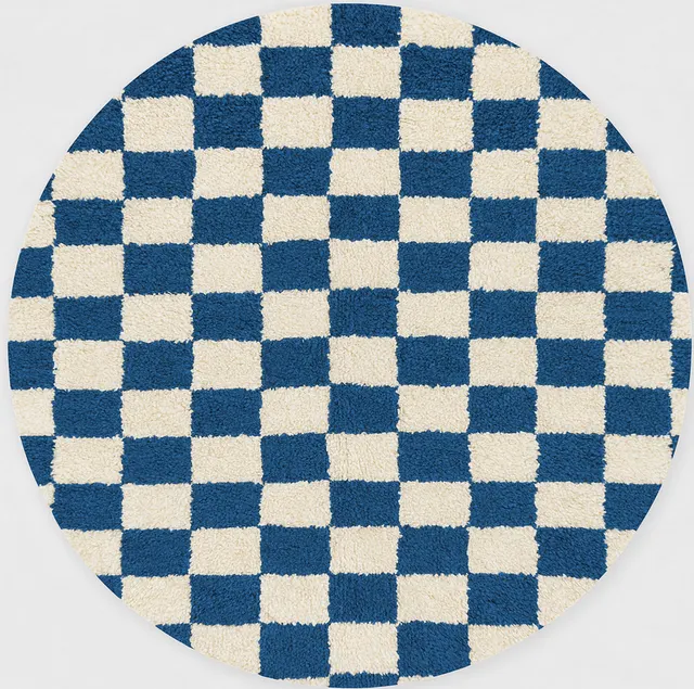 Tapis rond berbère Telouet bleu et blanc à damier — tapis berbères contemporains