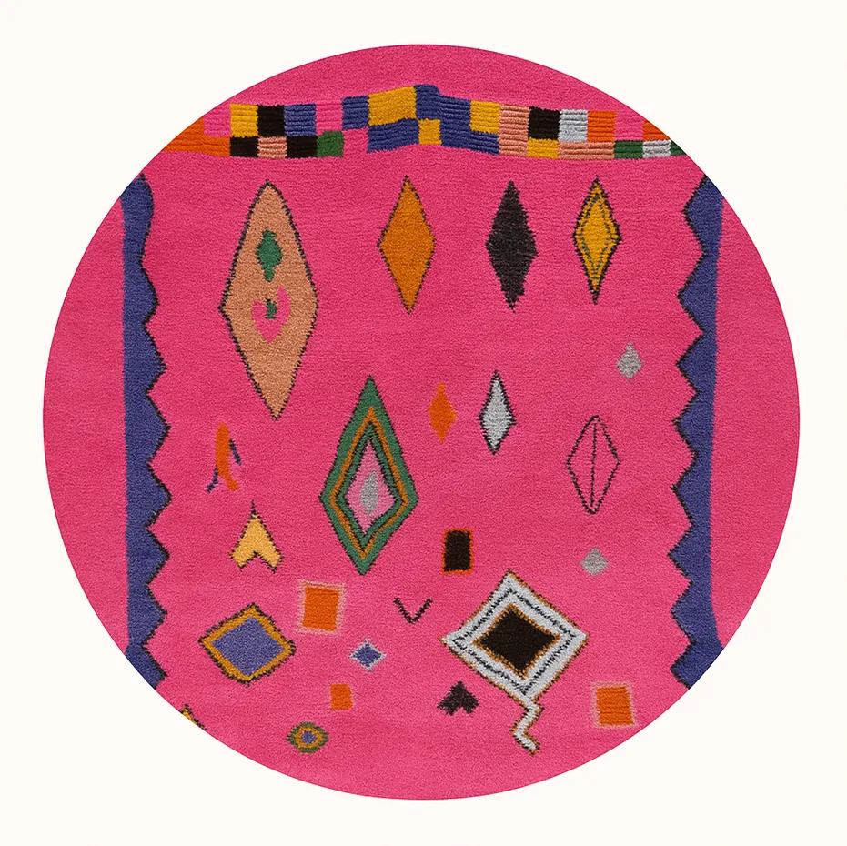 Tapis rond berbère Tifounassine rose — tapis berbères contemporains tissé à la main