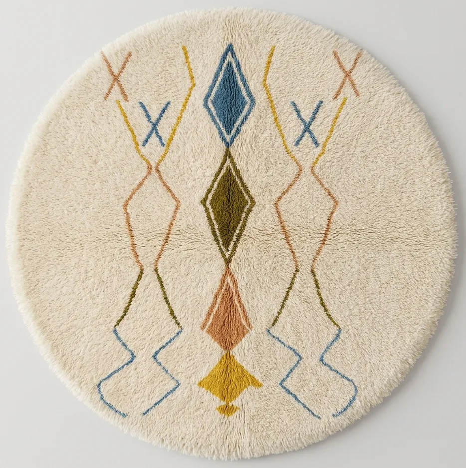 Tapis rond berbère Timahdite blanc et multicolore — tapis berbères contemporains tissé à la main