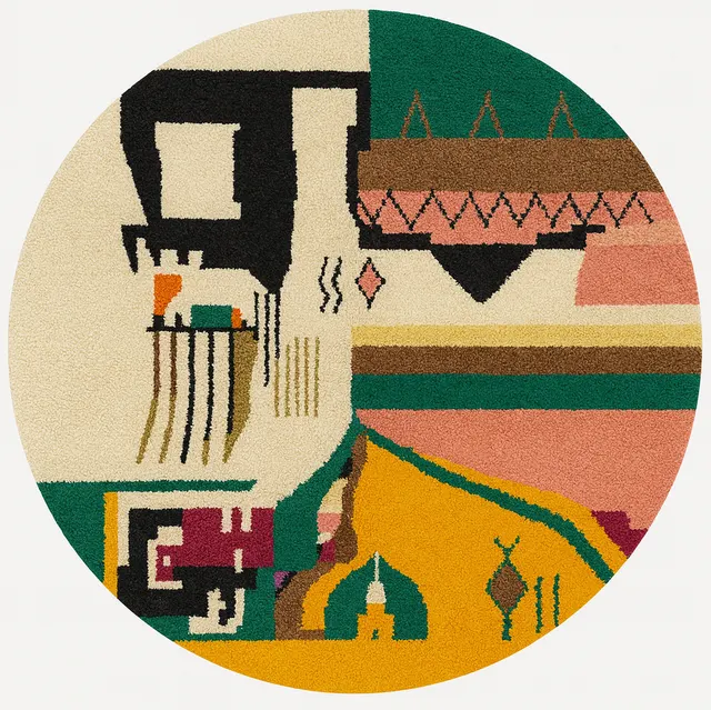 Tapis rond berbère Tinejdad multicolore au dessin abstrait — tapis berbères contemporains