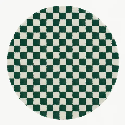 Tapis rond berbère Tinghir vert et blanc à damier — tapis berbères contemporains